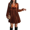 thumbnail image 3 of Women Elegant Retro Short Loose V-Neck Long Sleeve Velvet Solid Color Dress Fall Winter Fashion Clothing Orange M, 3 of 9