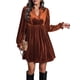 thumbnail image 3 of Vestido Elegante Retro Corto Holgado con Escote en V y Larga de Terciopelo de Color Liso para Mujer, Ropa de Moda para Otoño e Invierno. Naranja M, 3 of 9