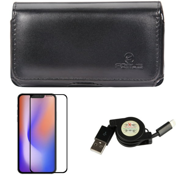 Case Belt Clip & Screen Protector & USB Cable for iPhone 13/Pro ONLY - Leather Swivel Holster   Anti-Glare Tempered Glass Matte   Retractable Charger Power Combo