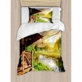 thumbnail image 3 of Nature Duvet Cover Set King Size, Wooden Country House by the Lake with Horizon Background Village Rural Life View, Decorative 3 Piece Bedding Set with 2 Pillow Shams, Multicolor, by Ambesonne, 3 of 3
