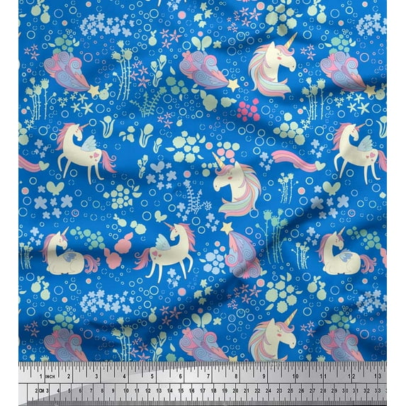 Soimoi Blue Heavy Satin Fabric Unicorn & Floral Decor Fabric Printed Yard 54 Inch Wide