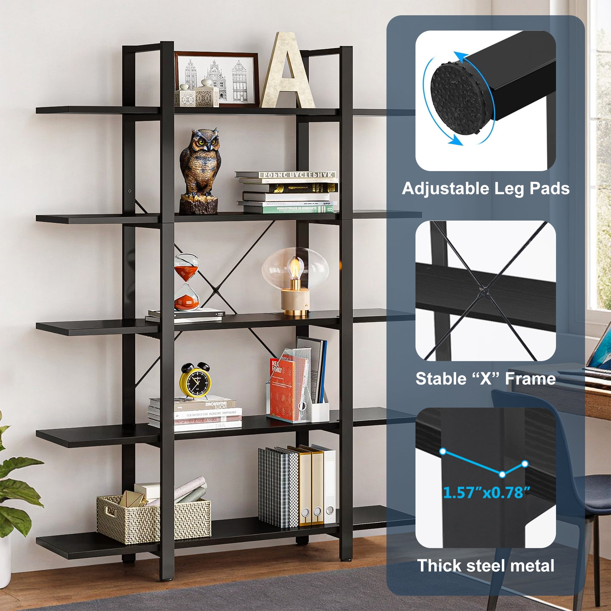 Demi Bonn 5 Tier Bookshelf, Bookshelves, Open Etagere Bookcase Shelf Storage Organizer, Free Standing Storage Shelving Unit for Bedroom, Living Room and Home Office, Black