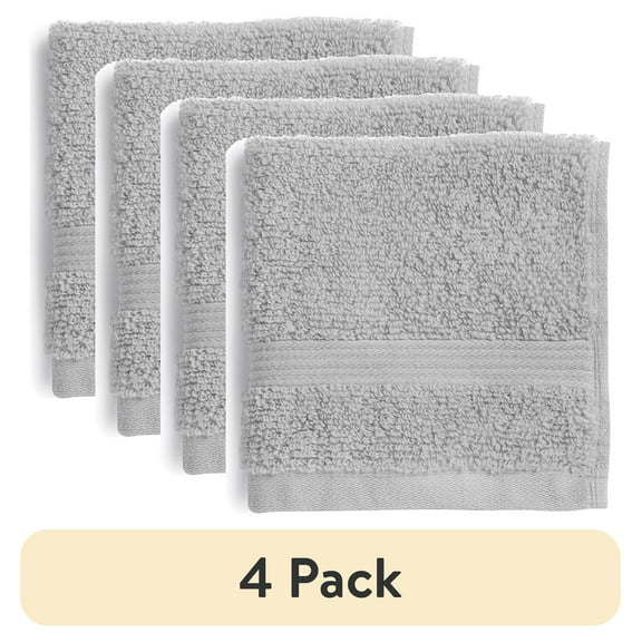 (4 pack) Mainstays Performance Cotton Washcloth, Super Soft Quick Dry Fade Resistant, Solid Silver