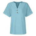thumbnail image 5 of MIXUE Womens Summer Tops Summer Solid Color V Neck Button Down Short Sleeve Stylish Jacquard Loose Fit Casual Fashion Pullover T Shirts Sportwear,Blue,XL, 5 of 6