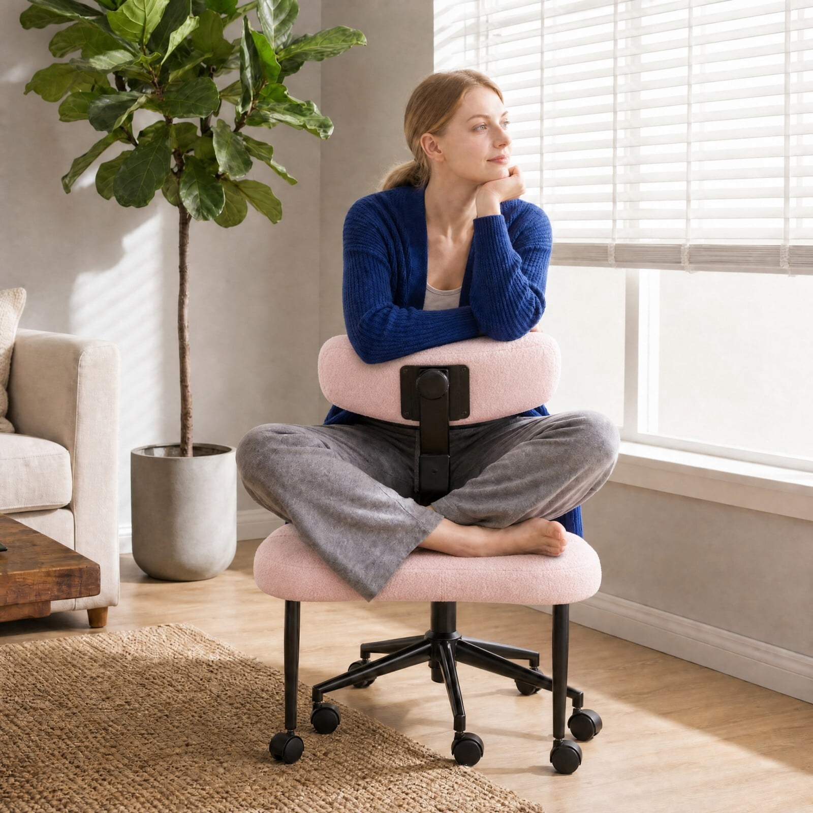 Kelno Cross Legged Meditation Chair with 360° Swivel Footrest Adjustable Backrest Ergonomic Teddy Fleece Office Chair, Pink