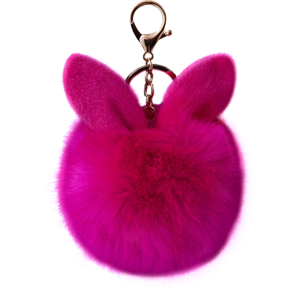 Pink Pom Pom Keychain Rose Pink Fur Key Chain Bag Charm 