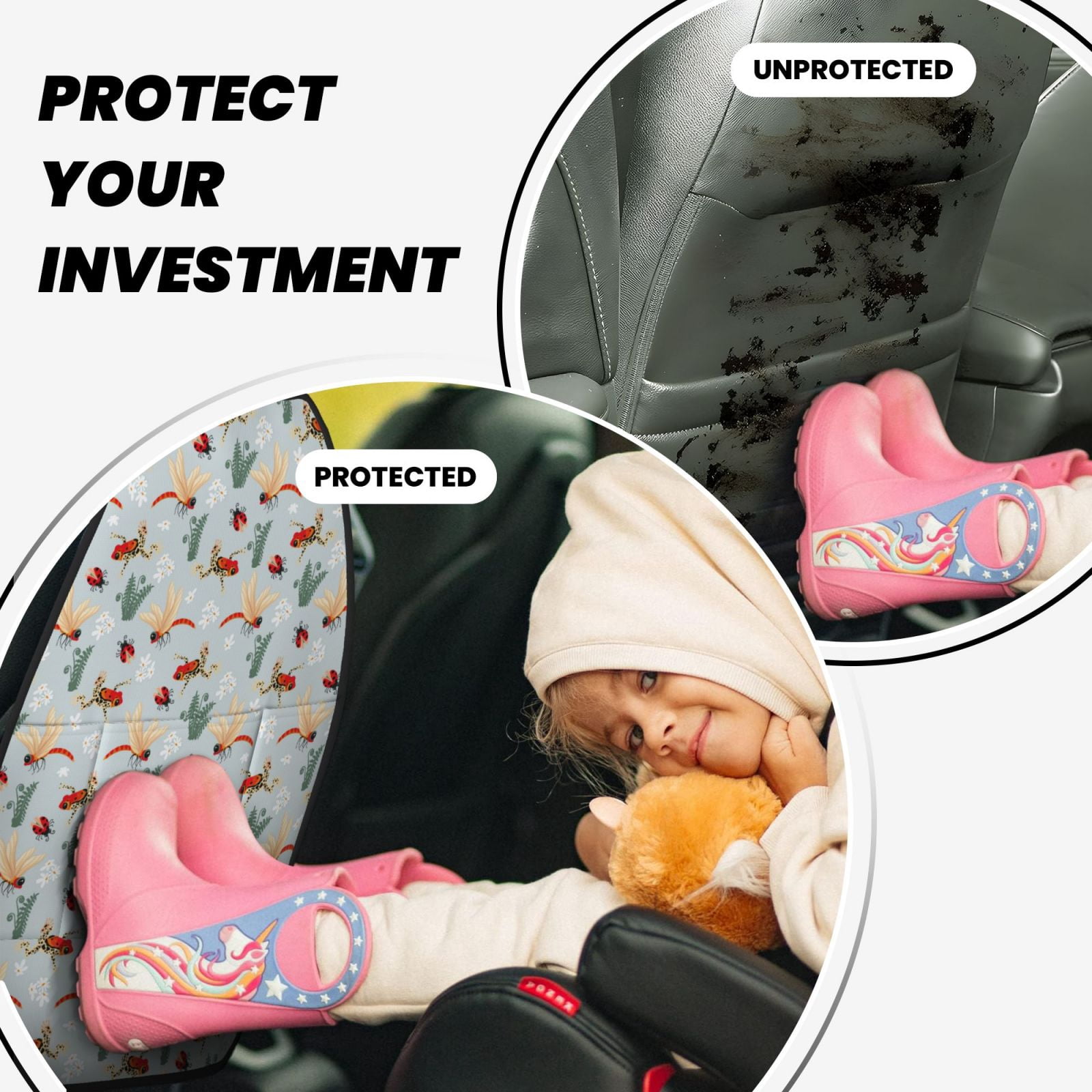 Xecao Ragonfly And Ladybug Pattern Car Seat Back Protector 2 Pack Large Capacity Pocket, Kick Mats Back Seat Protector