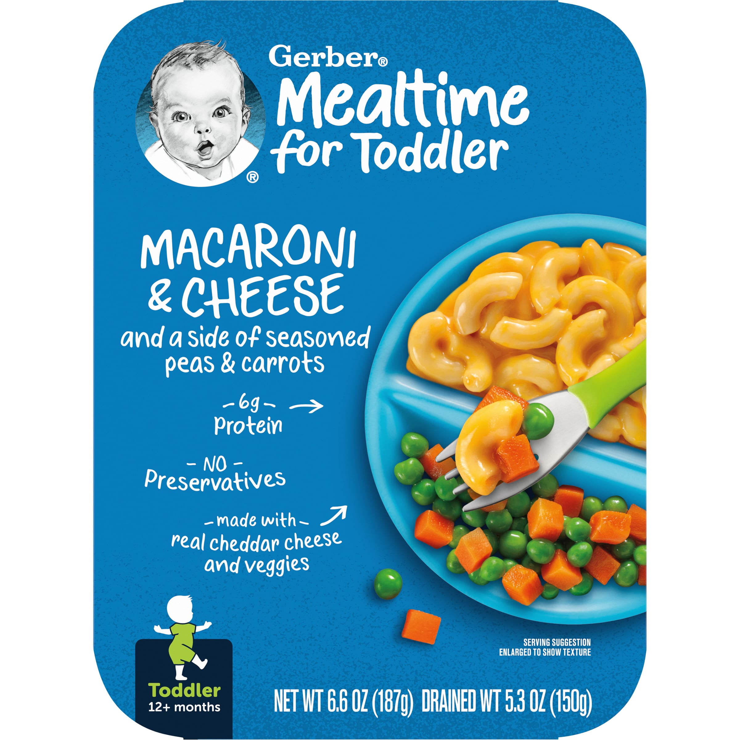 Gerber Mealtime for Toddler, Macaroni and Cheese with Seasoned Peas and Carrots Toddler Food, 6.6 oz Tray