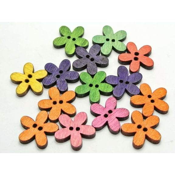 U8MO 100 Mixed Color Flower 2 Holes Wood Sewing Decorations Buttons 20mm Scrapbooking