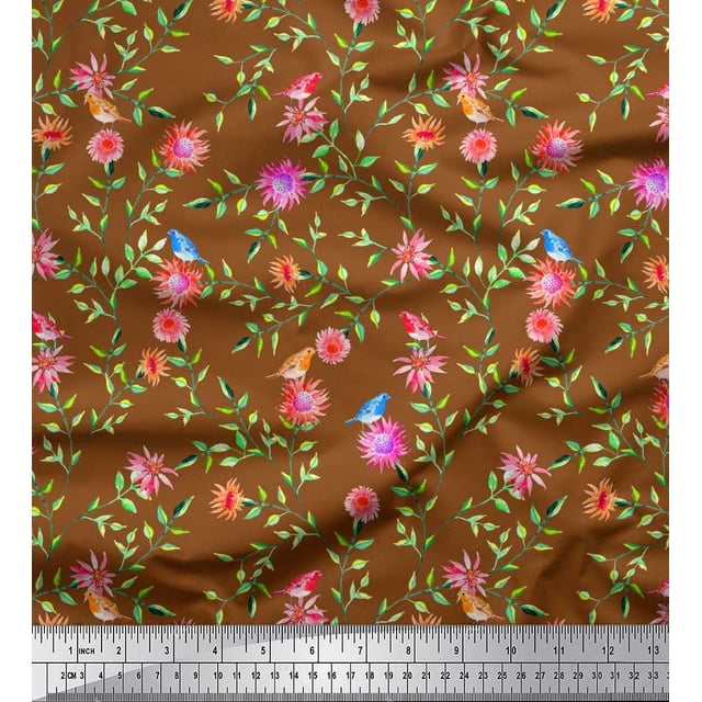 Soimoi Polyester Crepe Fabric Leaves & Floral Print Fabric by The Yard 52 Inch Wide