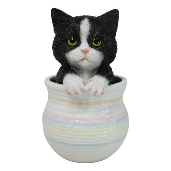 Lifelike Black And White Tuxedo Cat In Pastel Artsy Pot With Glass Eyes Figurine