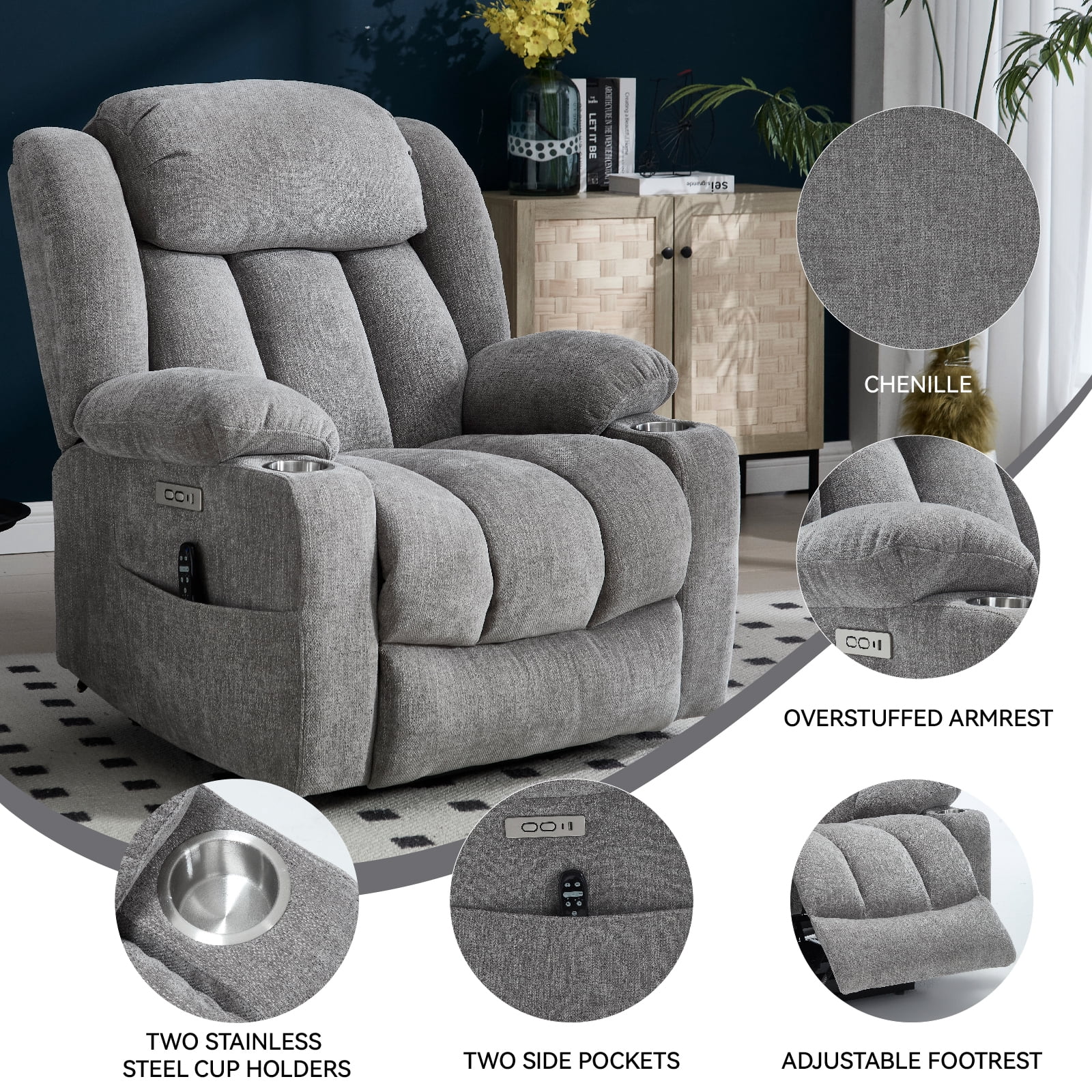 Alvantor Large Power Lift Recliner Chair for Elderly with Massage and Heat Chenille Electric Recliners Chair with USB Ports & Cup Holders for Living Room Grey