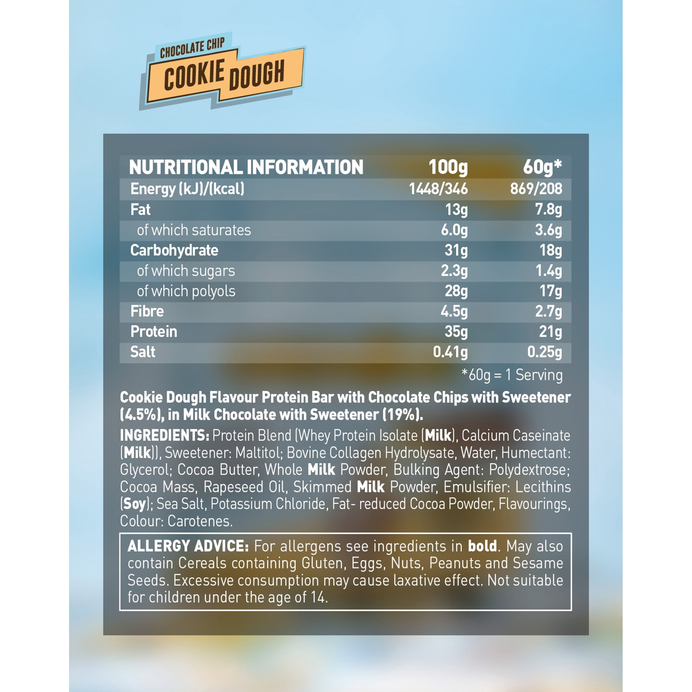 Grenade High Protein Low Sugar Bar Chocolate Chip Cookie Dough 60g, Imported from Britain