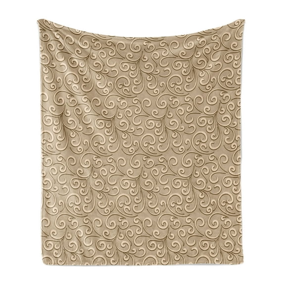 Beige Soft Flannel Fleece Blanket, Baroque Floral Swirls Damask Pattern Classic Victorian Style in Retro Antique Background, Cozy Plush for Indoor and Outdoor Use, 50" x 70", Beige, by Ambesonne