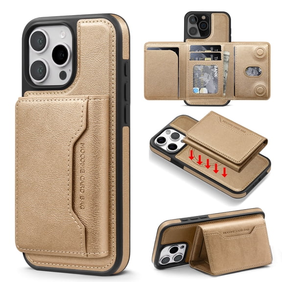 For iPhone 16 Pro Case with Magnetic Wallet, Premium PU Leather Compatible with MagSafe Cover, Detachable 2 in 1 Card Holder & Kickstand Shockproof Phone Case for Men Women,Desert Gold