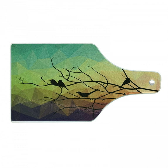 Modern Cutting Board, Birds on Branch with Geometrical Abstract Rainbow Colored Sharp Lines Backdrop Print, Tempered Glass Cutting and Serving Board, Wine Bottle Shape, Multicolor, by Ambesonne
