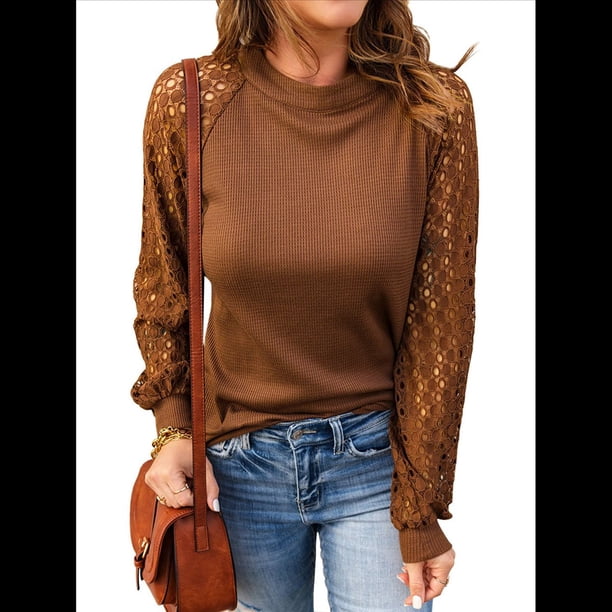 Camiseta de Larga con Cuello Redondo para Mujer, Otoño-Invierno, con Costuras de Gofre y Encaje, Ajustada Marrón Oscuro S