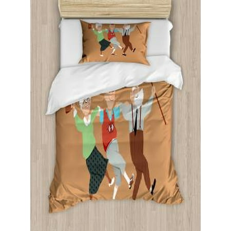 Twin Dancing - Retirement Party Twin Size Duvet Cover Set, Three Happy Seniors Dancing Sirtaki Zorba Dance Recreational Activity, Decorative 2 Piece Bedding Set with 1 Pillow Sham, Multicolor, by Ambesonne