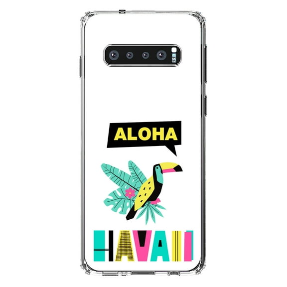 DistinctInk Clear Shockproof Hybrid Case for Samsung Galaxy S10 (6.1" Screen) - TPU Bumper, Acrylic Back, Tempered Glass Screen Protector - Summer Graphics - Aloha Hawaii Yellow Teal Pink