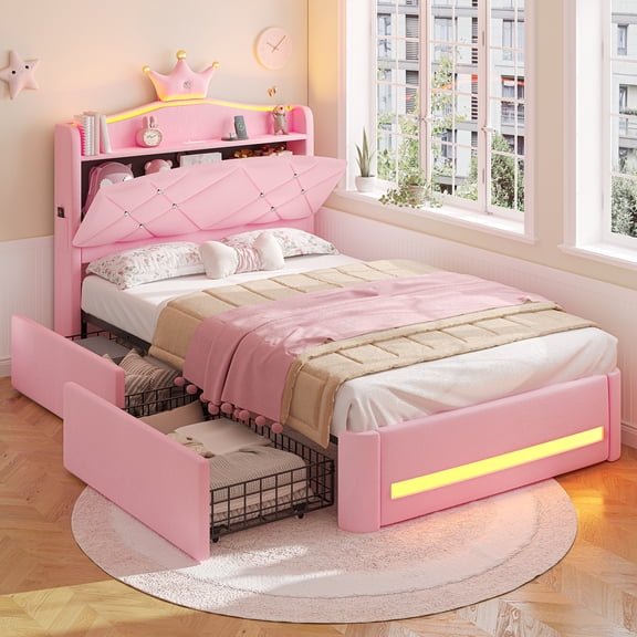 Torveric Twin Princess Bed Frame with LED Storage Headboard, Charging Station & 2 Drawers, Velvet Upholstered Platform Bed for Girls, No Box Spring Needed, Pink