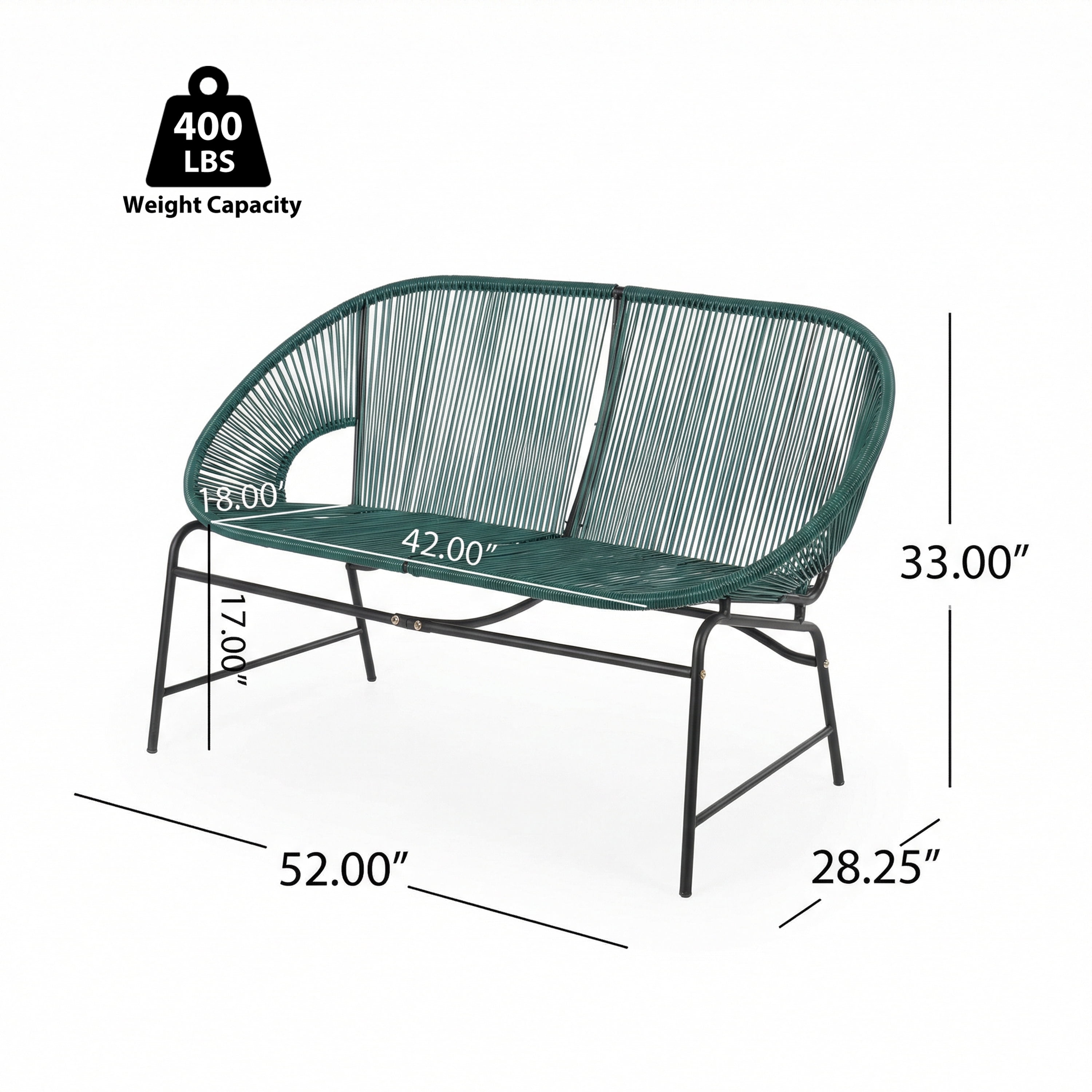 Outdoor PE Rattan Wicker Loveseat with Iron Frame for Porch Garden Balcony, Teal