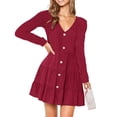 thumbnail image 1 of Vestido Aline con cuello en V, transpirable, agradable para la piel, color puro, fibra de poliéster, pliegue, vestido de manga larga para ir de compras, la vida diaria, rojo vino L, 1 of 4