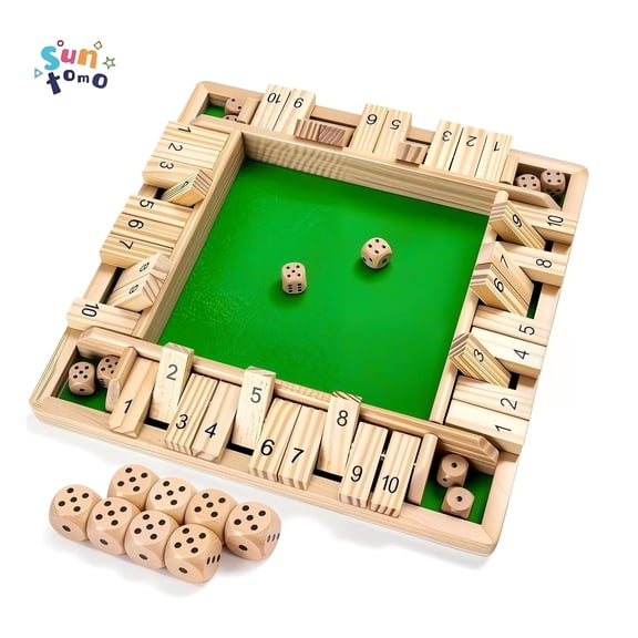Wooden Shut The Box Dice Game, 2-4 Players Classic Board Game, Large 4 Sided Board, 8 Dice, Rules - Amusing Addition Game, Family Classroom Home or Bar