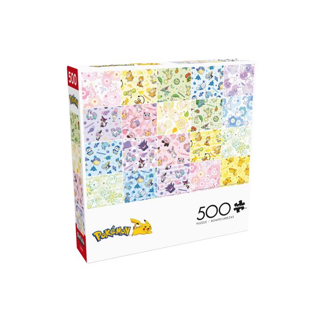 Buffalo Games Pokemon Patterns 500-Piece Interlocking Jigsaw Puzzle for Adults Ages 14-99 Years featuring a box with 25 colorful squares each showing different Pokemon characters such as Pikachu, Jigglypuff, and Gengar on pastel floral backgrounds, made from recycled paperboard with precision-cut pieces for a perfect fit, ideal for puzzle enthusiasts.