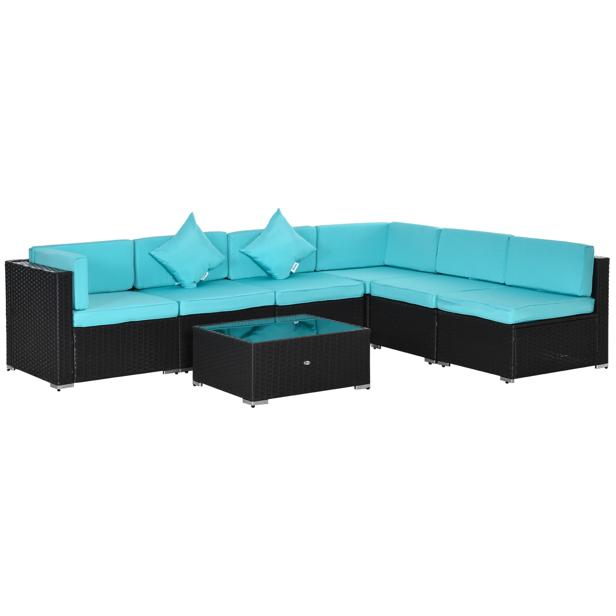 Outsunny 7 Piece Outdoor Patio Furniture Set, PE Rattan Wicker Sectional Sofa Set with Couch Cushions, Pillows, Coffee Table, Turqoise