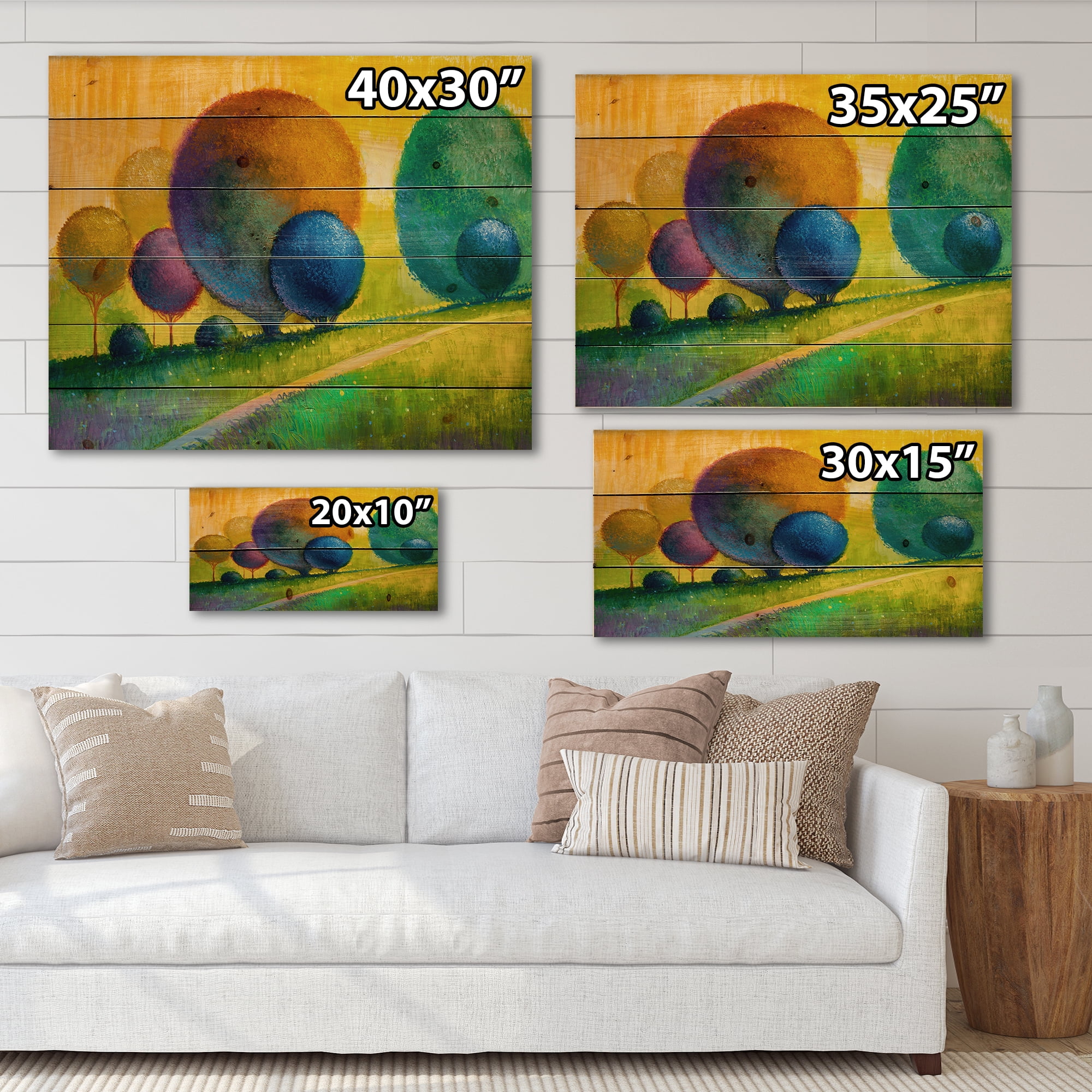 Designart 'Ornamental Colourful Trees III' Modern Print on Natural Pine Wood