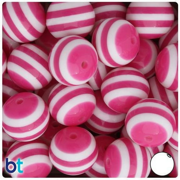 BeadTin Dark Pink & White Striped 20mm Round Resin Beads (10pcs)