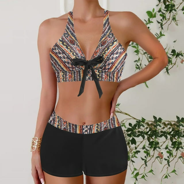 Trajes de baño Amzcrzy Tankini para mujer, trajes de baño, traje de baño con control de abdomen, bikini para mujer, estampado grande, falda dividida, traje de baño dividido, marrón, L