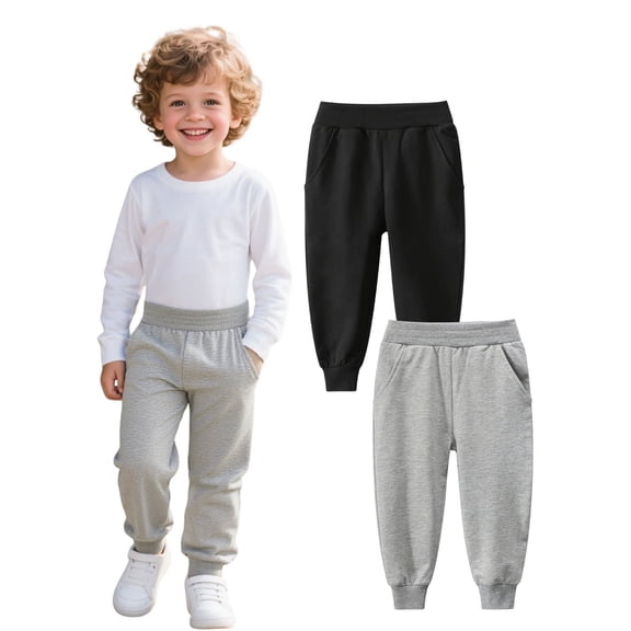 HILEELANG Toddler Boys' Sweatpants 2-Pack, 100% Cotton Pull-On Jogger Pants, Black & Grey, Sizes 2T-7Y