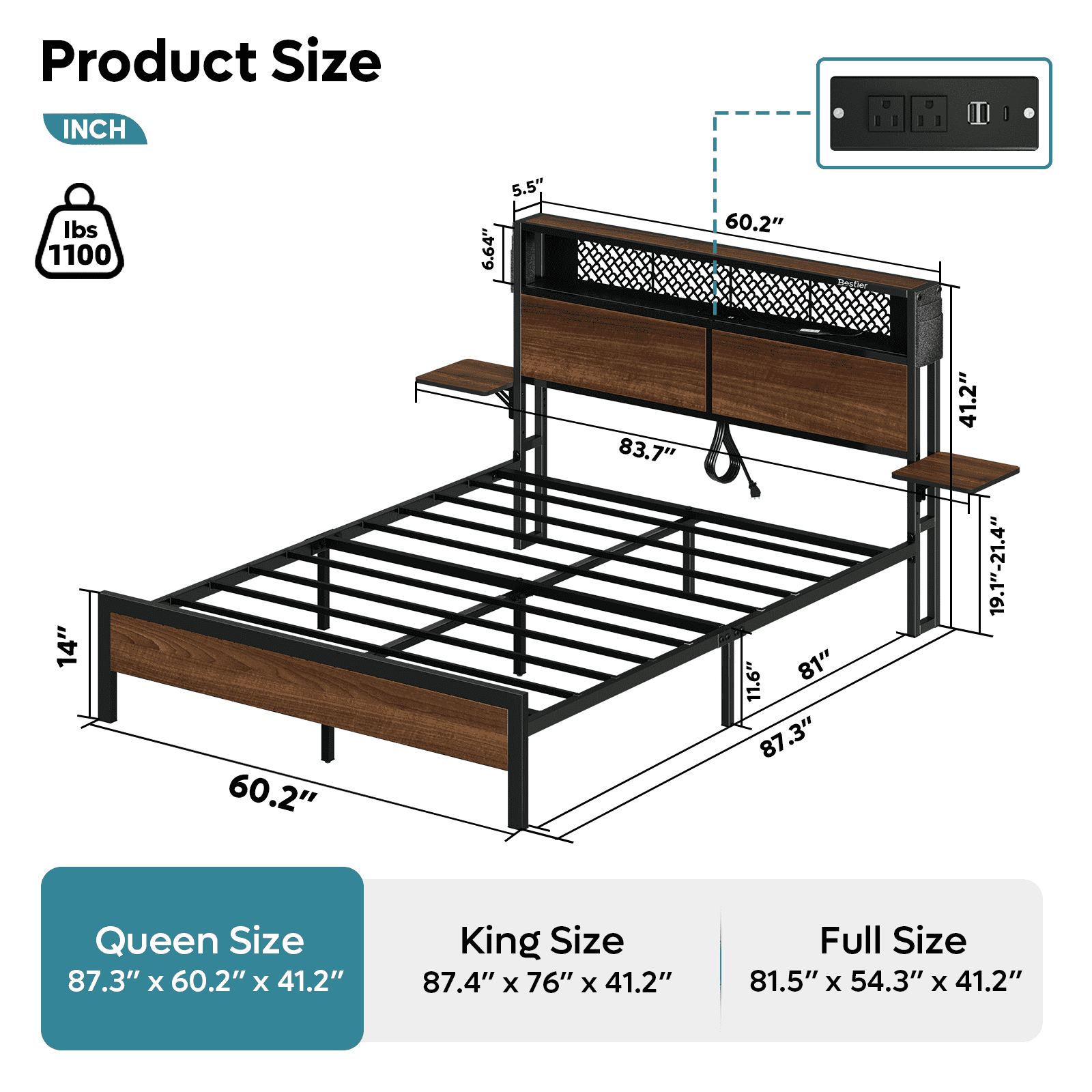 Bestier Queen Size Wood Platform Bed Frame with Foldable Bedside Shelves and LED Storage Headboard Charge Station, Walnut