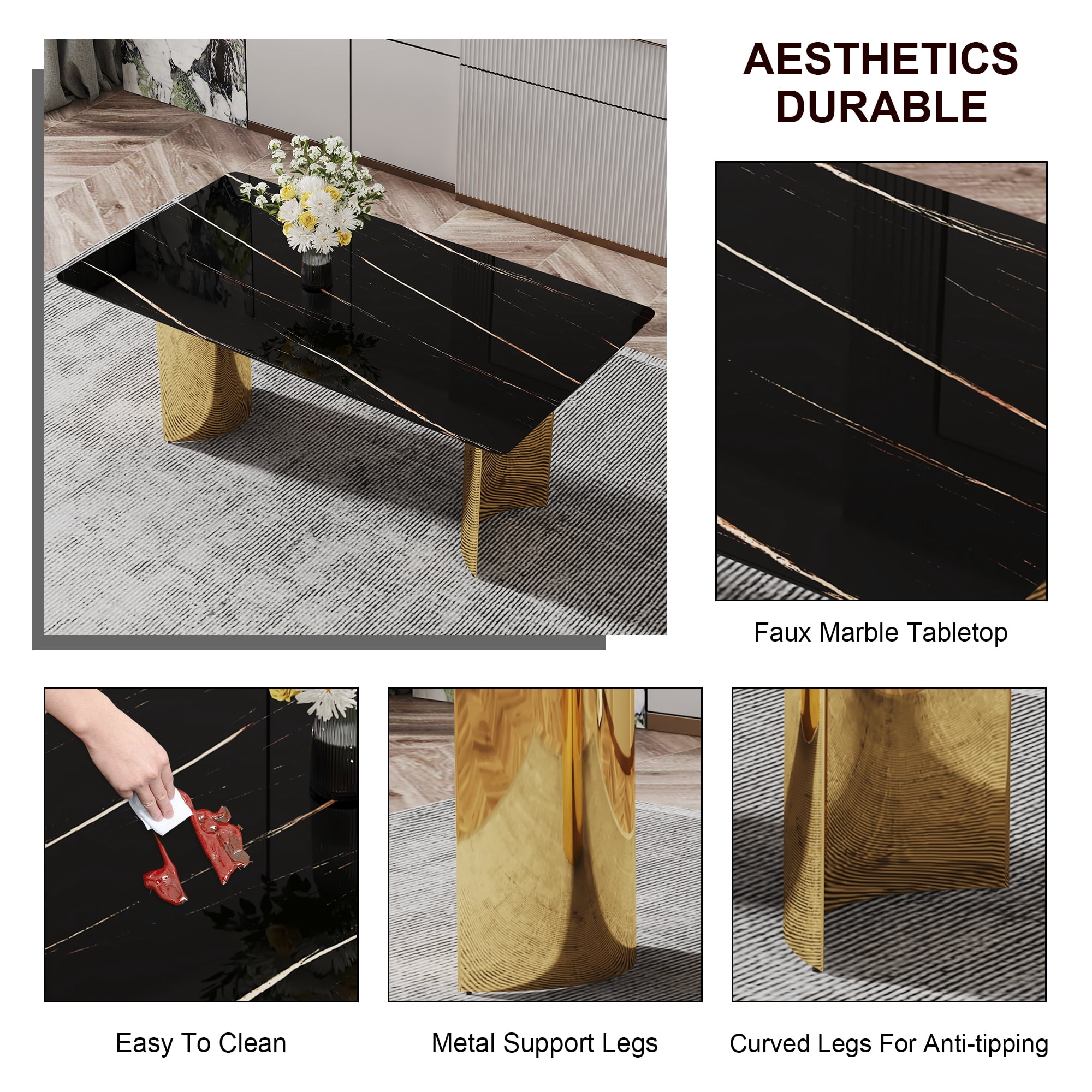 TesNus 71" Modern Dining Table for 6-8, Black Marble-Style Glass Tabletop with Gold Chrome-Plated Stainless Steel Base for Kitchen and Dining Room