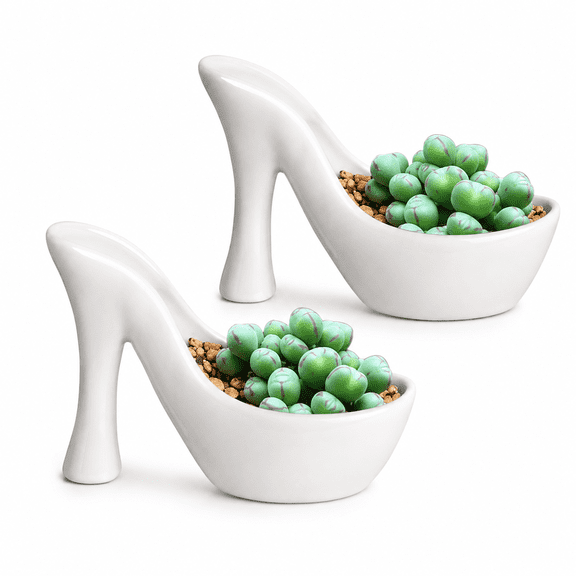 ABPETE 2 Pack Cute High Heel Shaped Ceramic Succulent Planter with Drainage Hole, Small Flower Pots Indoor Outdoor Plant Pots Home Tabletop Decoration (White)
