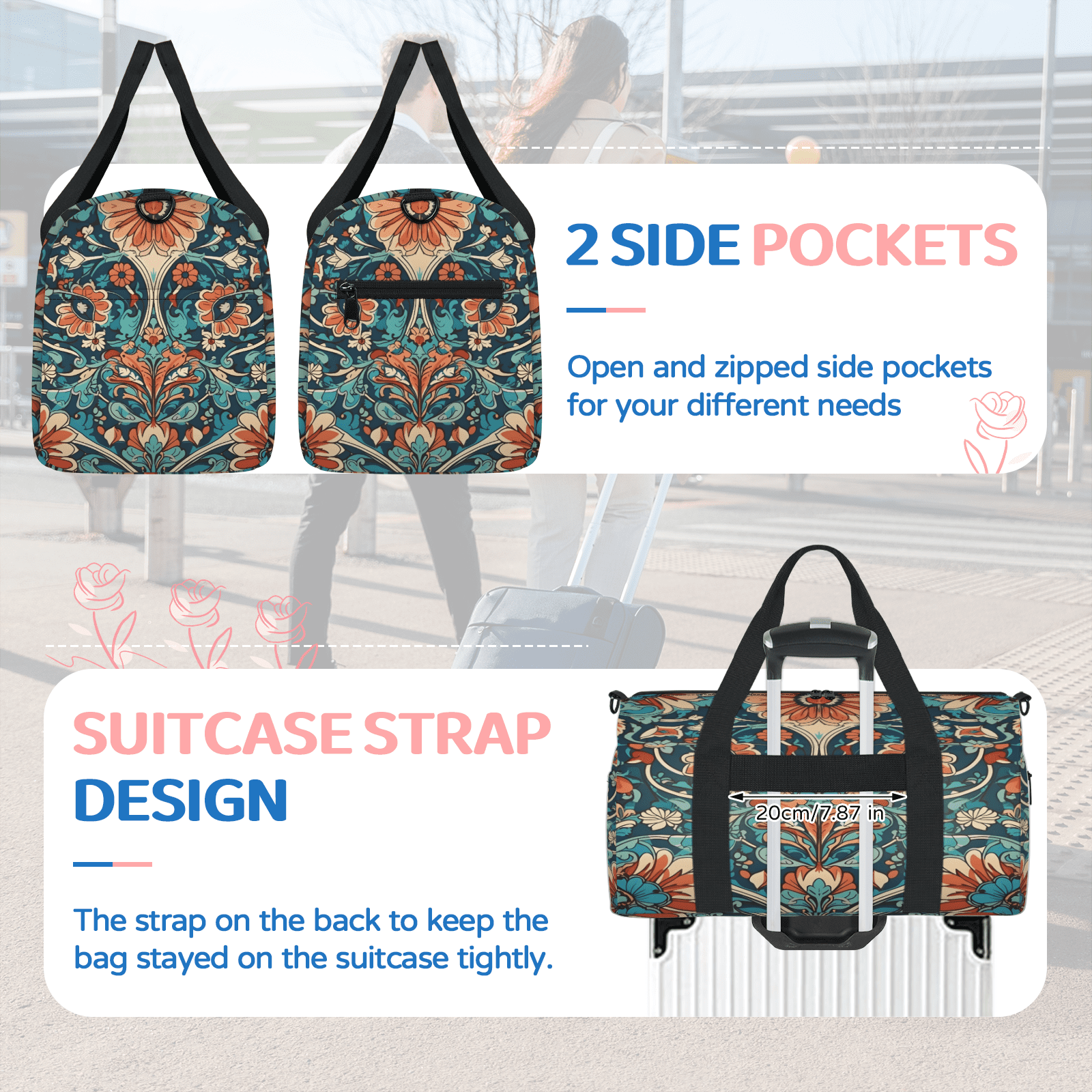 Herdesigns Bohemia Floral Gym Bag for Women, Duffle Bag for Travel Sport, Boho Vintage Lightweight Waterproof Carry on Weekender Dance Yoga Workout Bags