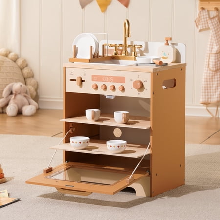 Robud Wooden Dishwasher Playset for Kids - Pretend Kitchen Sink with Faucet Turning Knobs Dish Rack & Tableware for Toddler Role Play Toy Ages 3+ Caramel