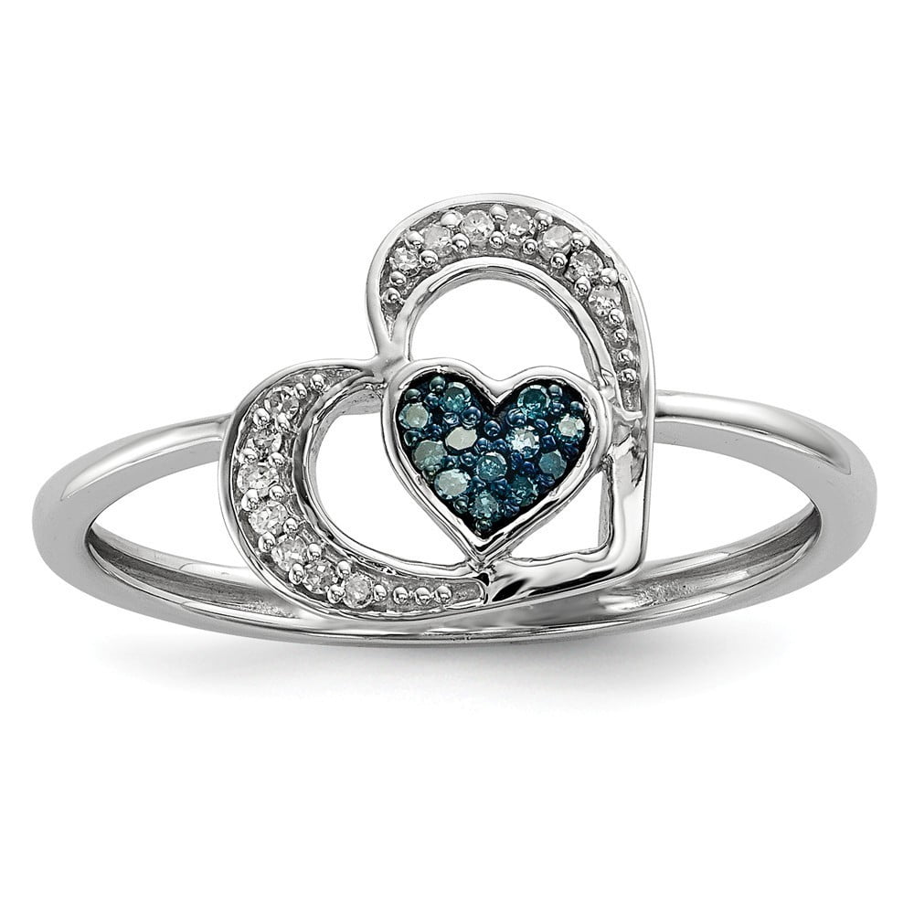 STERLING SILVER .08CT BLUE AND WHITE DIAMOND DOUBLE  HEART RING SIZE 7 