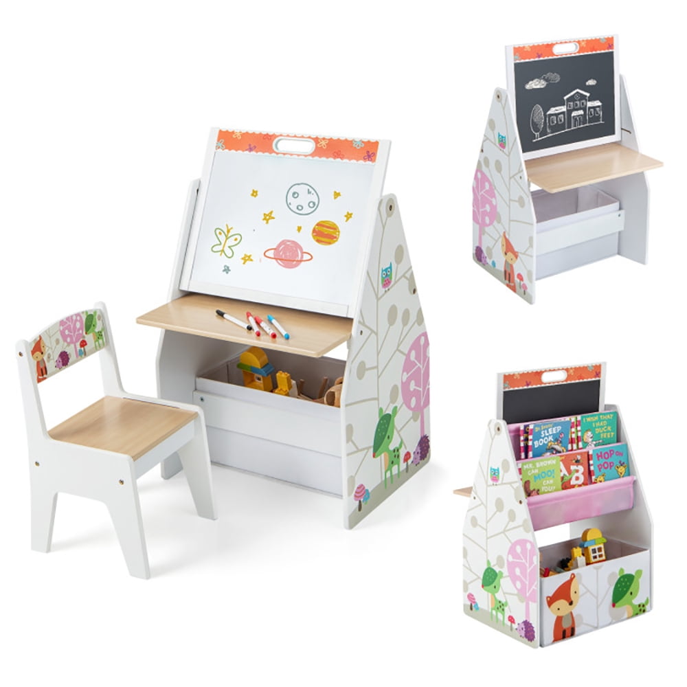 Spaco 3 in 1 Kids Easel and Play Station Convertible with Chair and Storage Bins, Art Easel for Ages 3-8 Kids , Gray