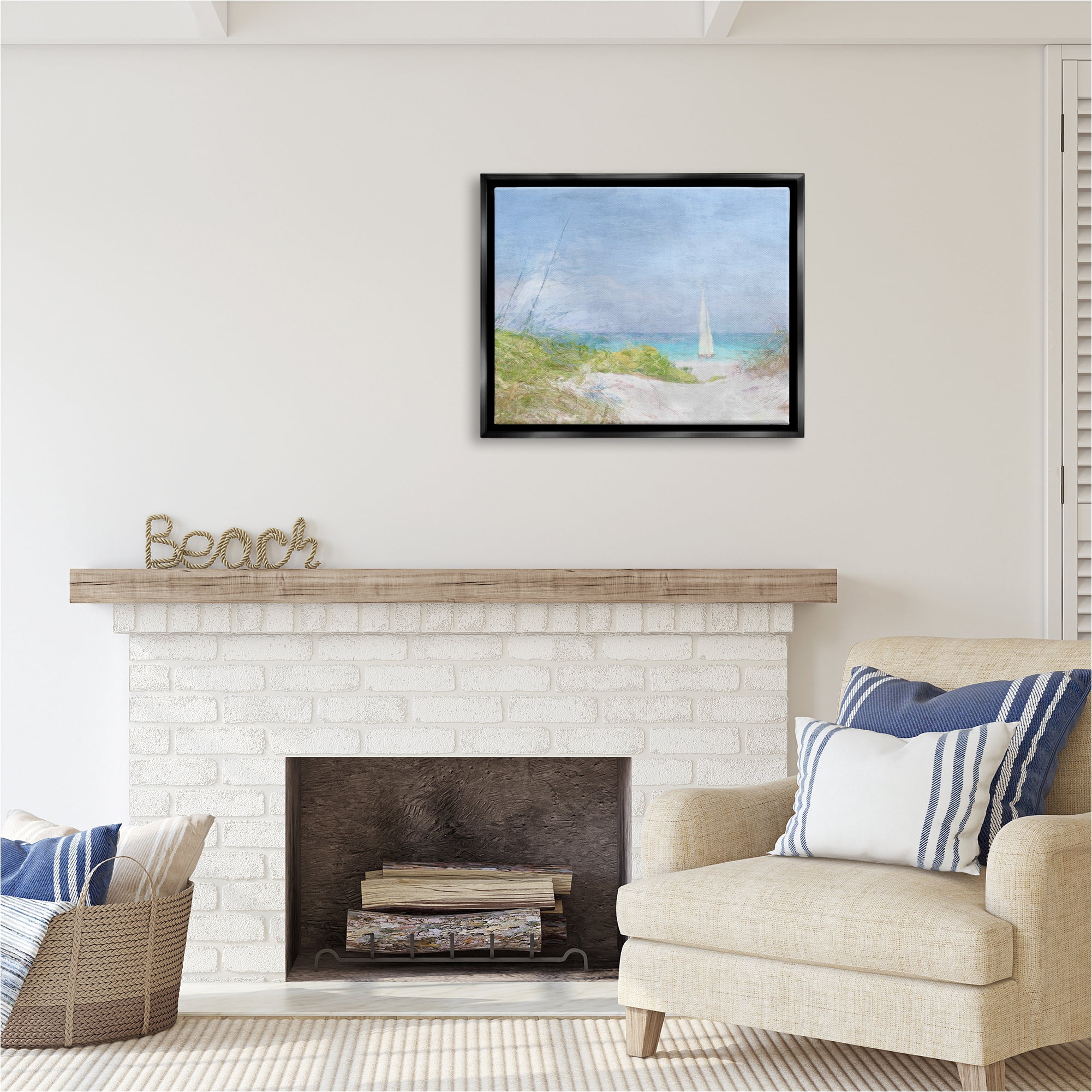 Stupell Industries Sailboat & Beach Path Transportation Painting Black Floater Framed Canvas Art Print Wall Art, 31 x 25