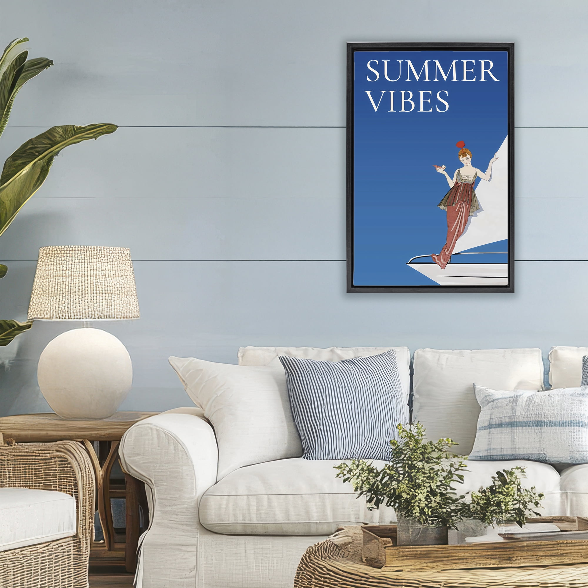 Stupell Industries Summer Vibes Vintage Yacht Black Framed Floater Canvas Wall Art, design by Creative Studio