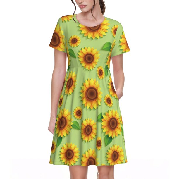 Easygdp Sunflower Leaves para Vestido Transpirable de Mujer, Vestido Suelto de Manga Corta con Pliegues y Bolsillos para el Verano