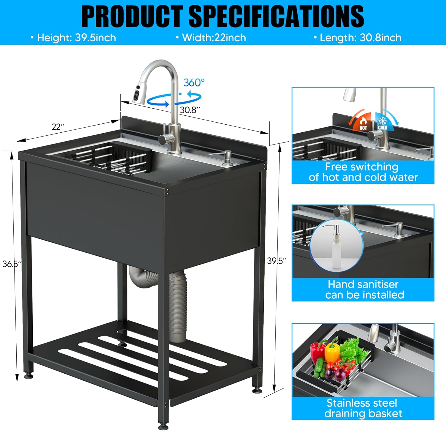 Stainless Steel Utility Sink, 30.8" × 22" × 39.5"Freestanding Sink with Cold and Hot Water Faucet,Hoses and Drain Kit for Kitchens, Bathrooms, Garage, Laundry Room