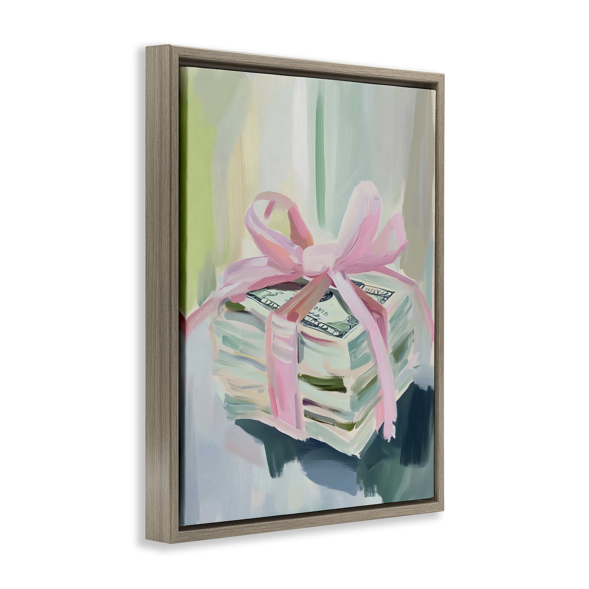 Stupell Industries Pink Bow Cash Bundle Brown Framed Floater Canvas Wall Art, design by The Prints Vibe