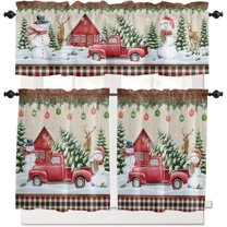 Christmas Semi-Sheer Rod Pocket Kitchen Curtain Valance and Tiers Set,Red Truck with Xmas Tree Snowmen Farmhouse 24 Inch Length Living Room Bedroom Bathroom 3 Piece Set