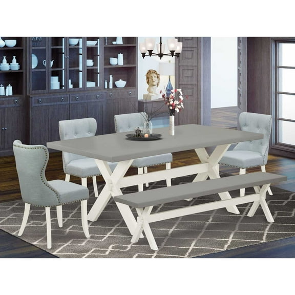 East West Furniture X097SI215-6 6-Piece Dining Table Set- 4 Dining Room Chairs with Baby Blue Linen Fabric Seat and Button Tufted Chair Back - Rectangular Top & Wooden Cross Legs Dining Room Table...