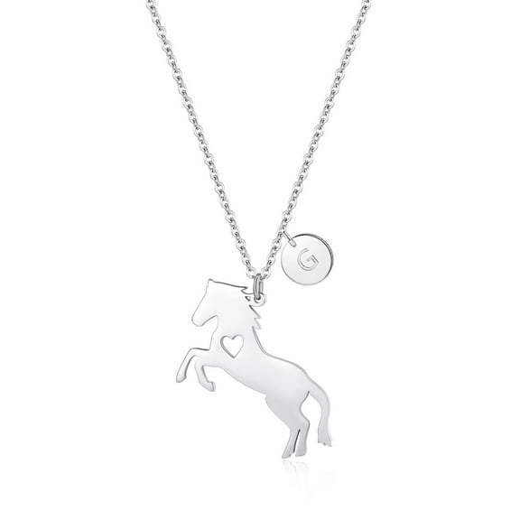LinnaLove Stainless Steel Horse Necklace Pendant with 26 Initials disc charm(Silver-Initials: G)