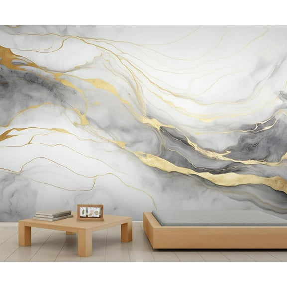 Modern Black And White Marble Texture Wall Mural, Abstract Golden Texture Photo Large Removable Wallpaper Mural Wall Decor For Bedroom Living Room Kids Room 59"W x 39.4"H (Not Peel and Stick)