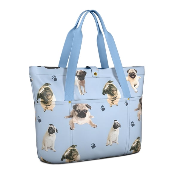 Tote Bag for Women - Pug and Footprints Shoulder Bag - Large Utility Work Duffle Bag with Zipper Handbag for Travel, Work, Sprots